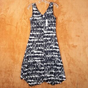 TAHARI Womens Dress Small Black White Fit Flare A-Line Sundress Midi Stretch